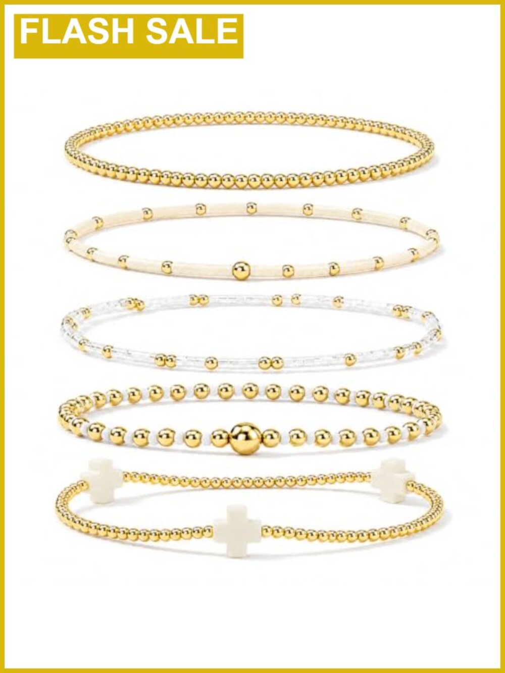 Gold Tone Beaded Cross Stretch Bracelet Set 5pc Stackable Waterproof